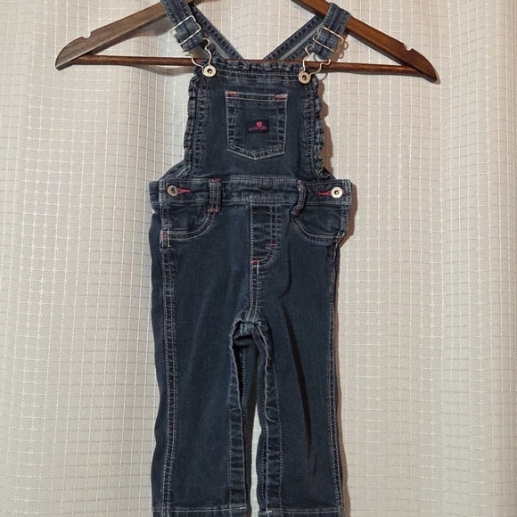 Wrangler Other - Wrangler Girls 12 Months Overalls Blue Soft Denim Pink Stitching